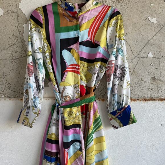 Other Dresses & Skirts - Satin Shirt Dress Multicolor Scarf Print Mini Belted Front NWT Retro Boho Small